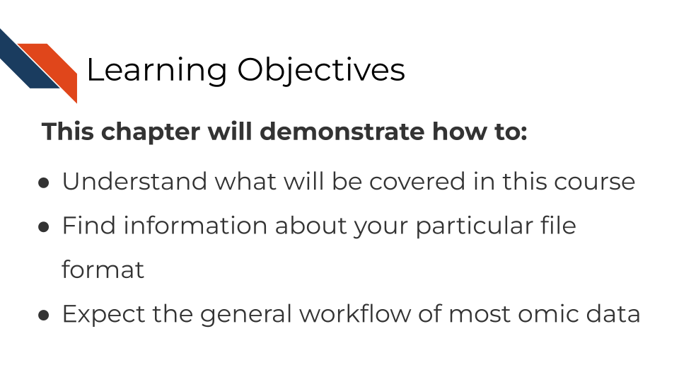 Learning objectives This chapter will demonstrate how to: Understand what will be covered in this course. Find information about your particular file format