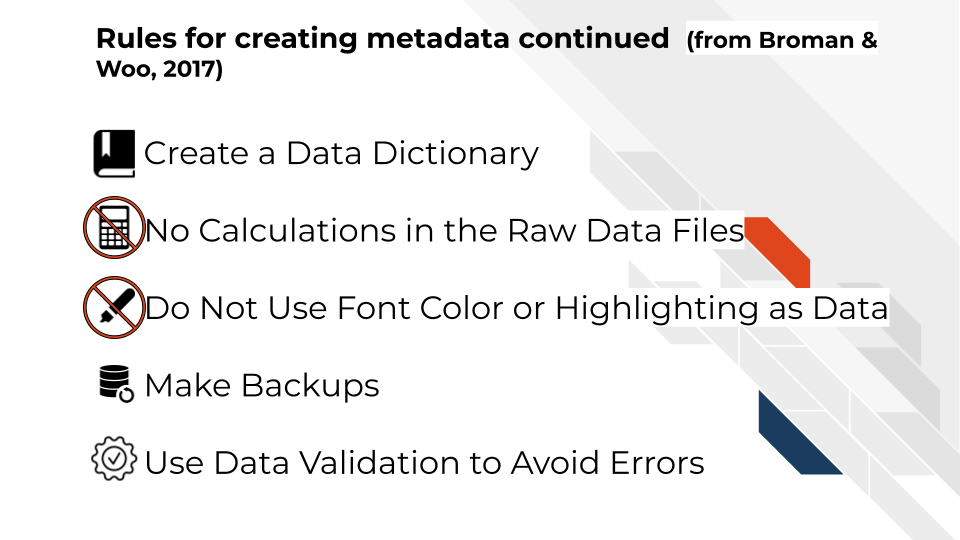 Rules for creating metadata continued  (from Broman & Woo, 2017). Create a Data Dictionary. No Calculations in the Raw Data Files. Do Not Use Font Color or Highlighting as Data. Make Backups. Use Data Validation to Avoid Errors