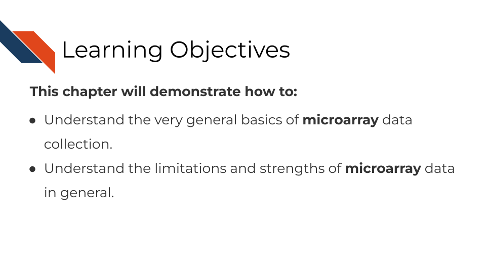 This chapter will demonstrate how to: Understand the very general basics of microarray data collection and processing workflow. Understand the limitations and strengths of microarray data in general.