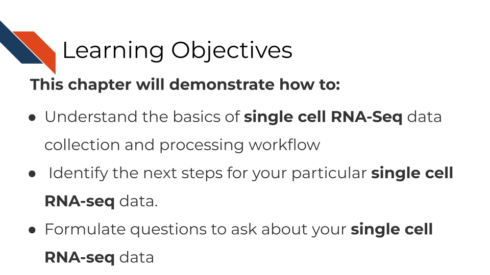 This chapter will demonstrate how to: Understand the basics of single cell RNA-Seq data collection and processing workflow. Identify the next steps for your particular single cell RNA-seq data. Formulate questions to ask about your single cell RNA-seq data