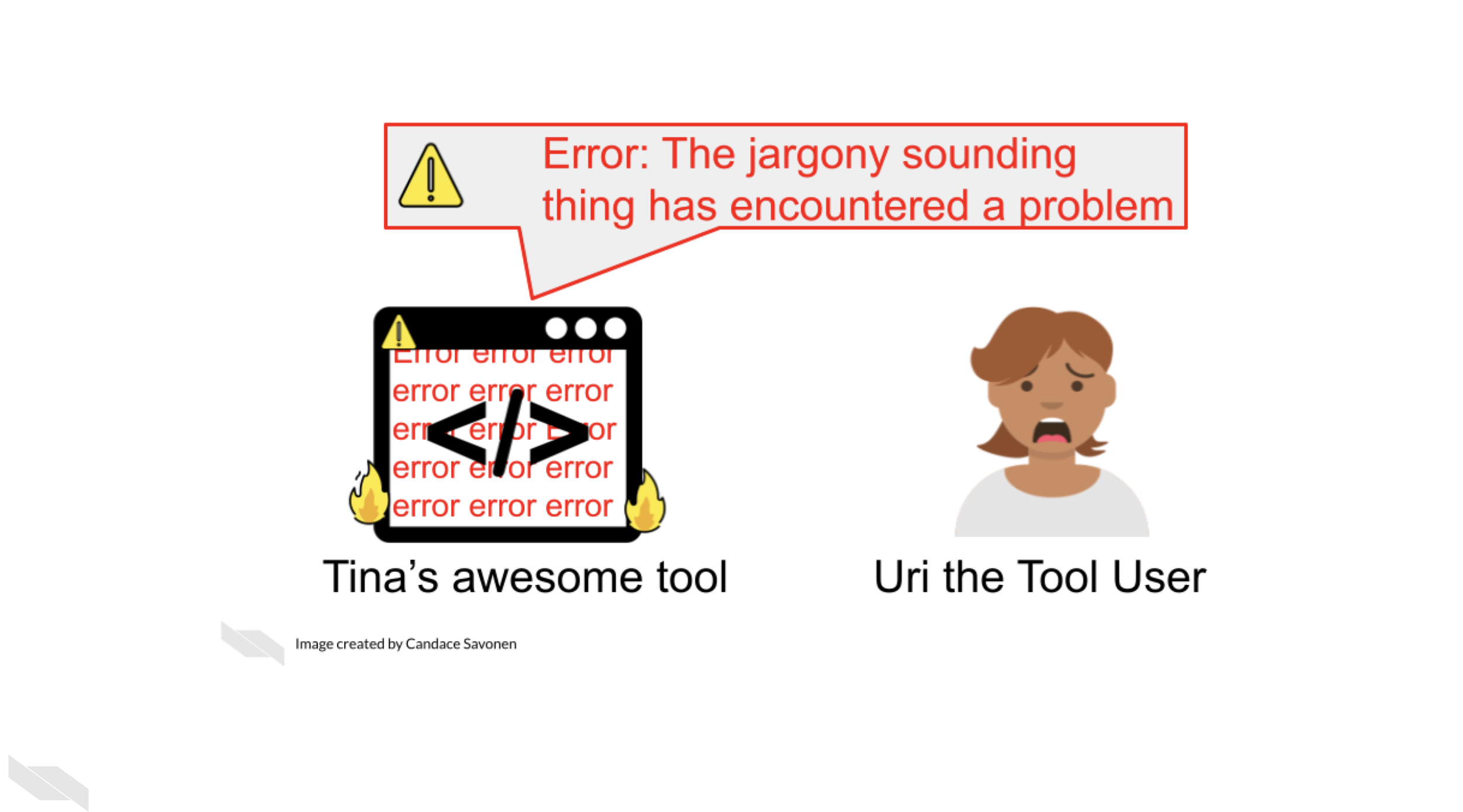 Tina’s awesome tool says unintelligible warning, Error: The jargony sounding thing has encountered a problem and is on fire with the word error written all over it. Uri the Tool User is distressed and confused.