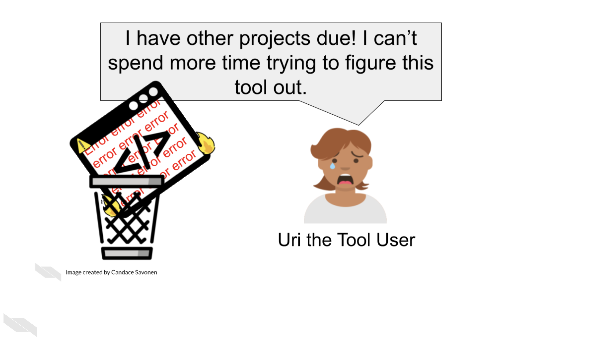 Uri the Tool User says I have other projects due! I can’t spend more time trying to figure this tool out. Tina’s awesome tool is still on fire with errors written all over it but has been thrown in a wastebasket by Uri the Tool User. There is no documentation to help Uri the Tool user figure out how to use Tina’s awesome tool. Uri the Tool User is even more distressed and has a tear in their eye from frustration. 