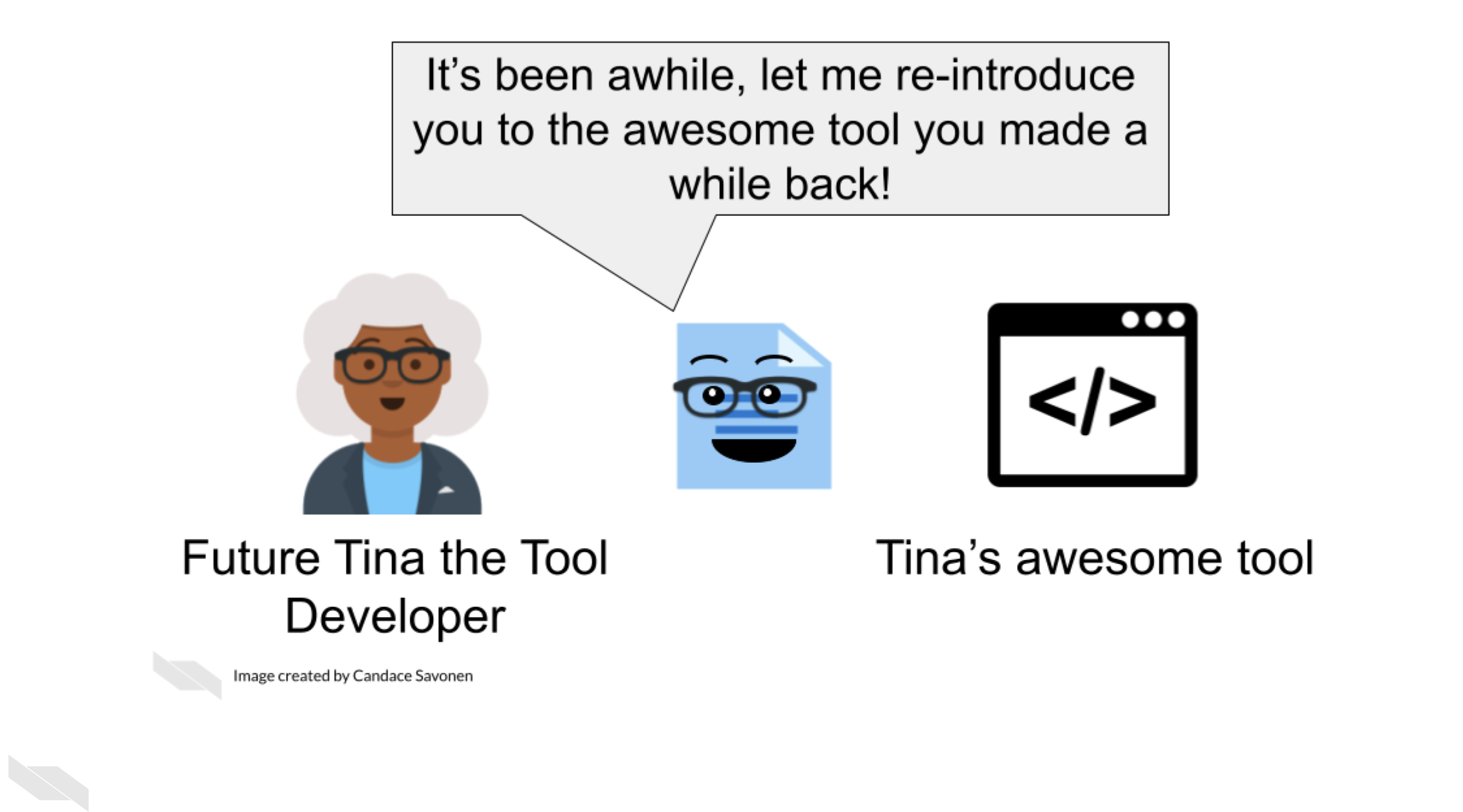 Future Tina the Tool Developer now has gray hair and Tina’s awesome documentation is between Tina and Tina’s awesome tool. The documentation says It’s been awhile, let me re-introduce you to the awesome tool you made a while back!
