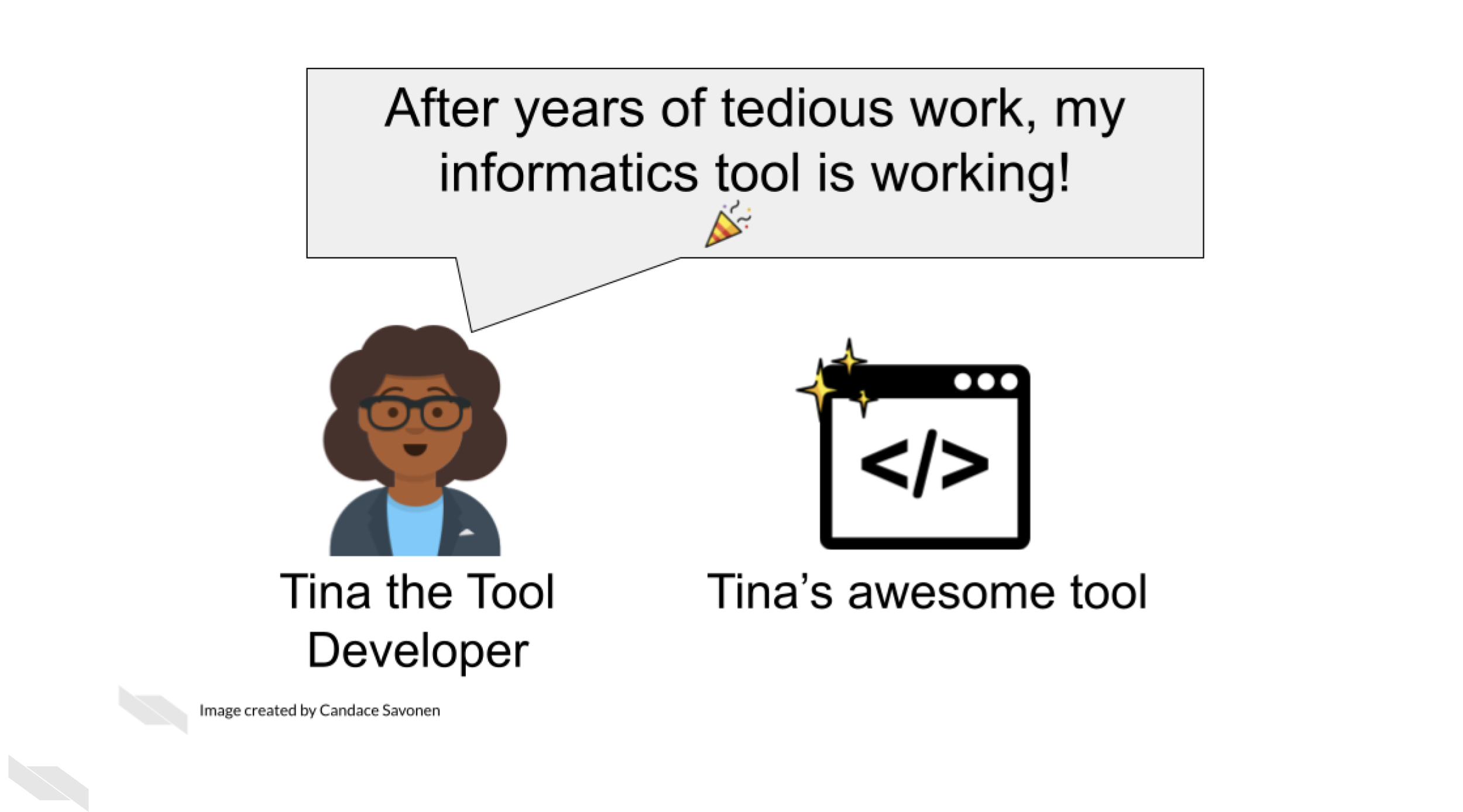 Tina the Tool Developer says, After years of tedious work my informatics tool is working!. Tina’s awesome tool is a sparkling brand new.