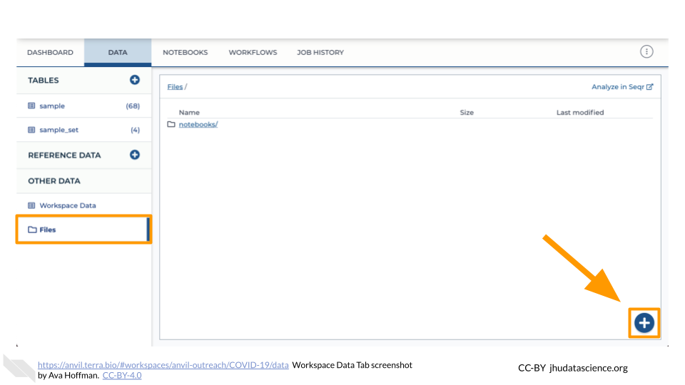 Image shows a screenshot of the Workspace Data tab. The plus button on the bottom right corner of the screen is highlighted.