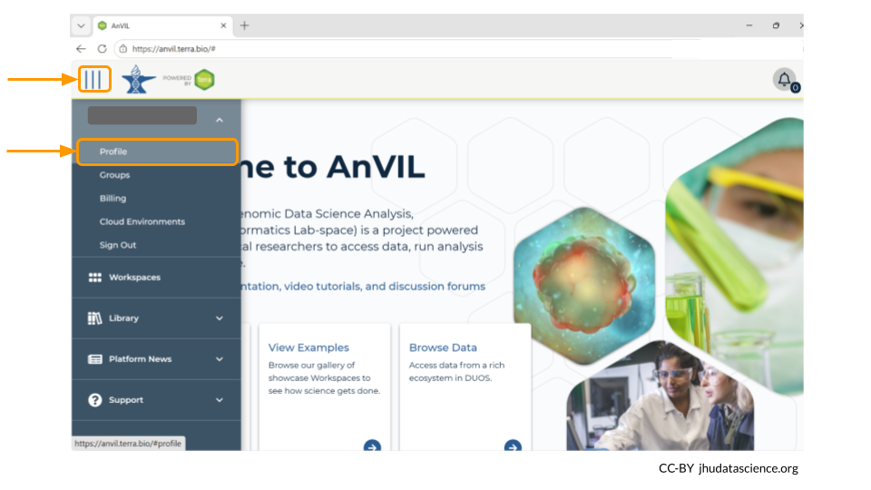 Open your AnVIL profile settings by clicking on the three line icon in the upper lefthand corner and then choosing Profile.