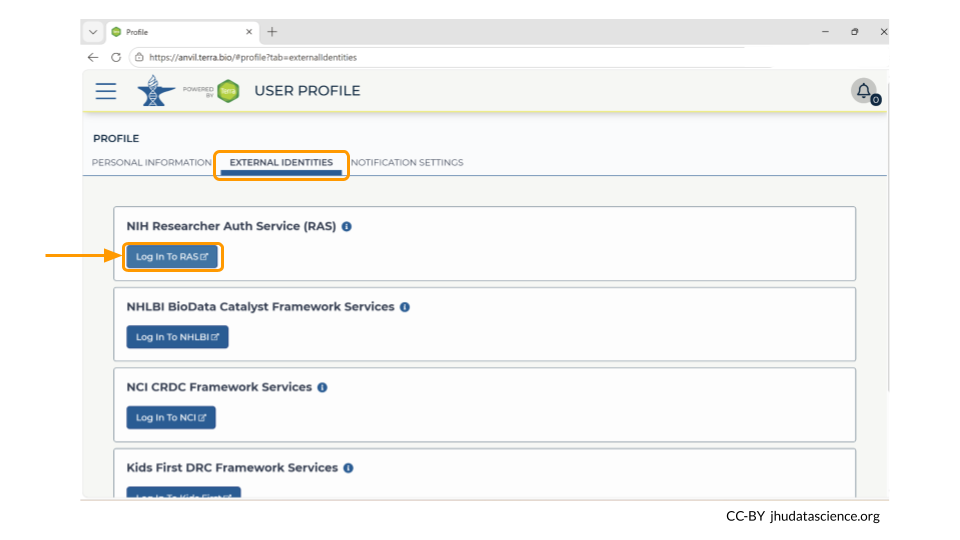 Under the External Identities tab, choose the box that says 'Log in to RAS' under the NIH Researcher Auth Service (RAS) section.
