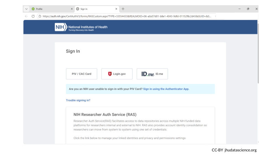 An NIH login page will open in a new tab.