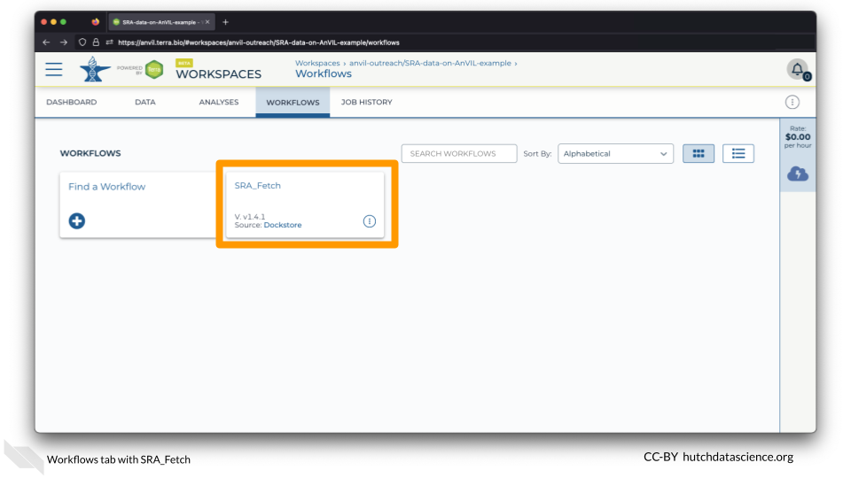 Workflows tab with SRA_Fetch.