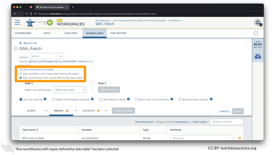 'Run workflow(s) with inputs defined by data table' has been selected.