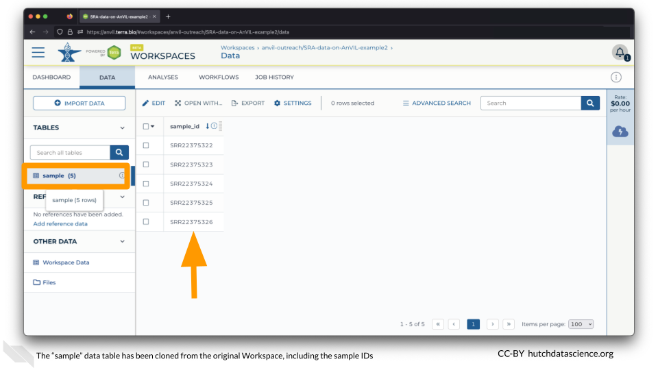 The 'sample' data table has been cloned from the original Workspace, including the sample IDs