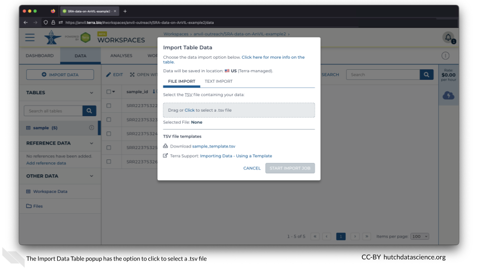 The popup is titled Import Data Table and has the option to click to select a .tsv file
