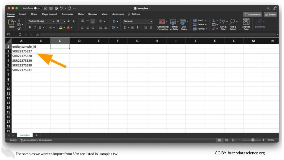 The samples we want to import from SRA are listed in rows in `samples.tsv`