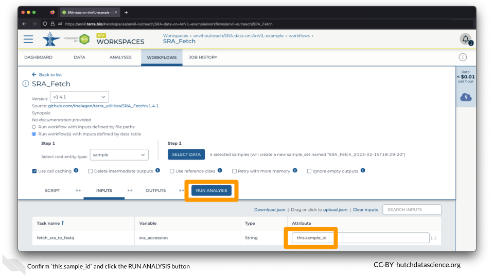 Confirm `this.sample_id` and click the RUN ANALYSIS button