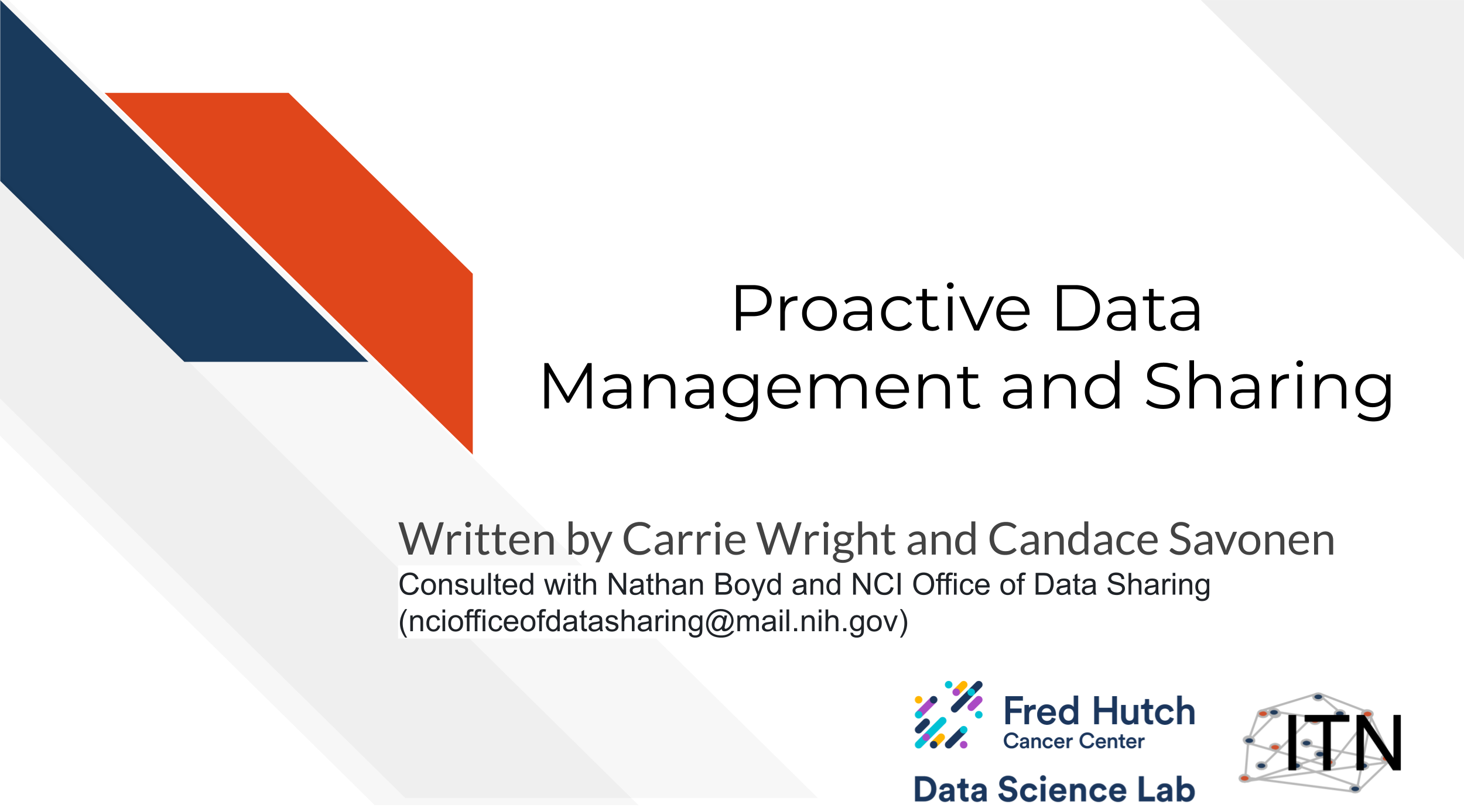Proactive Data Management and Sharing, written by Carrie Wright and Candace Savonen, consulted with Nathan Boyd and the NCI office of data sharing