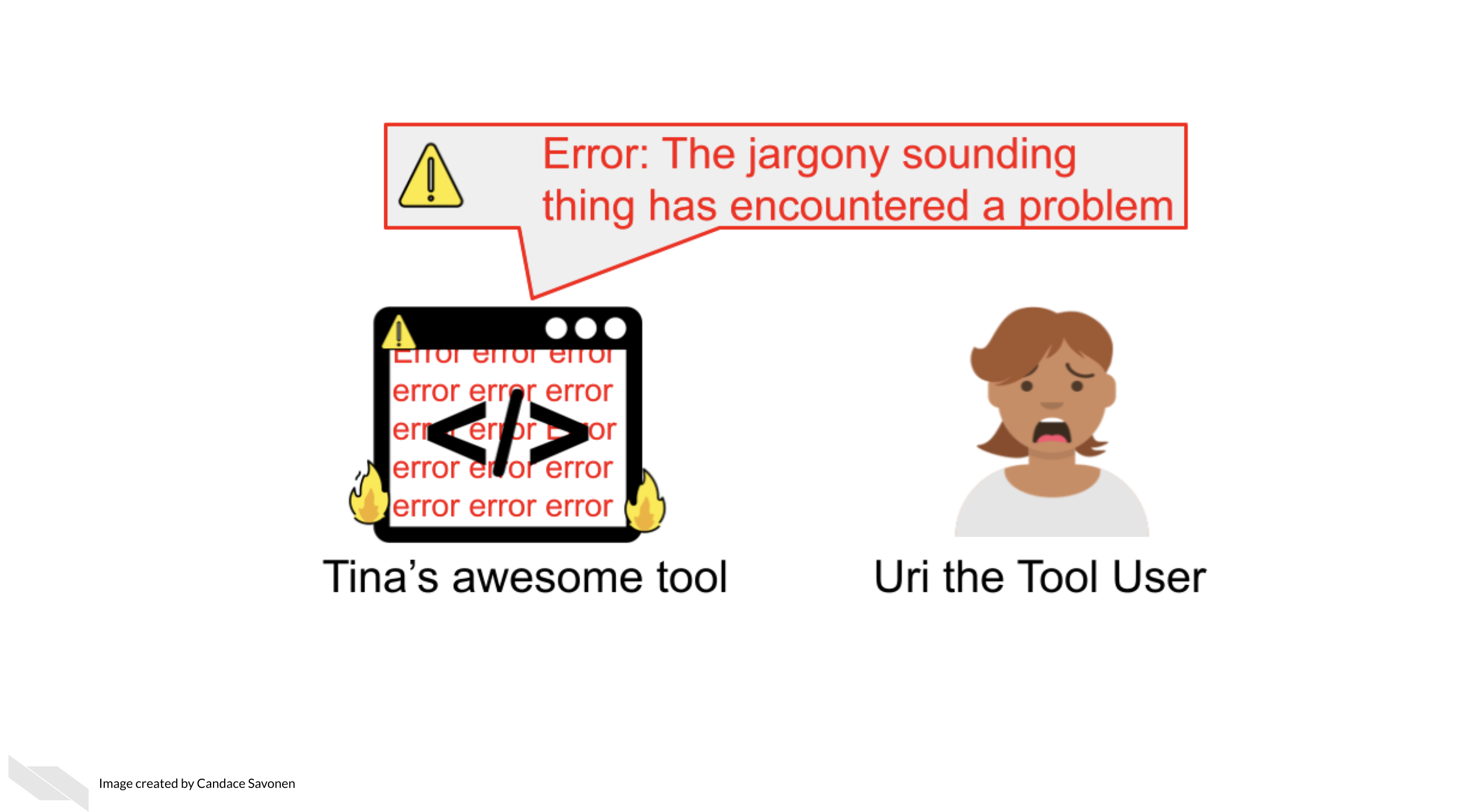 Tina’s awesome tool says unintelligible warning, Error: The jargony sounding thing has encountered a problem and is on fire with the word error written all over it. Uri the Tool User is distressed and confused.