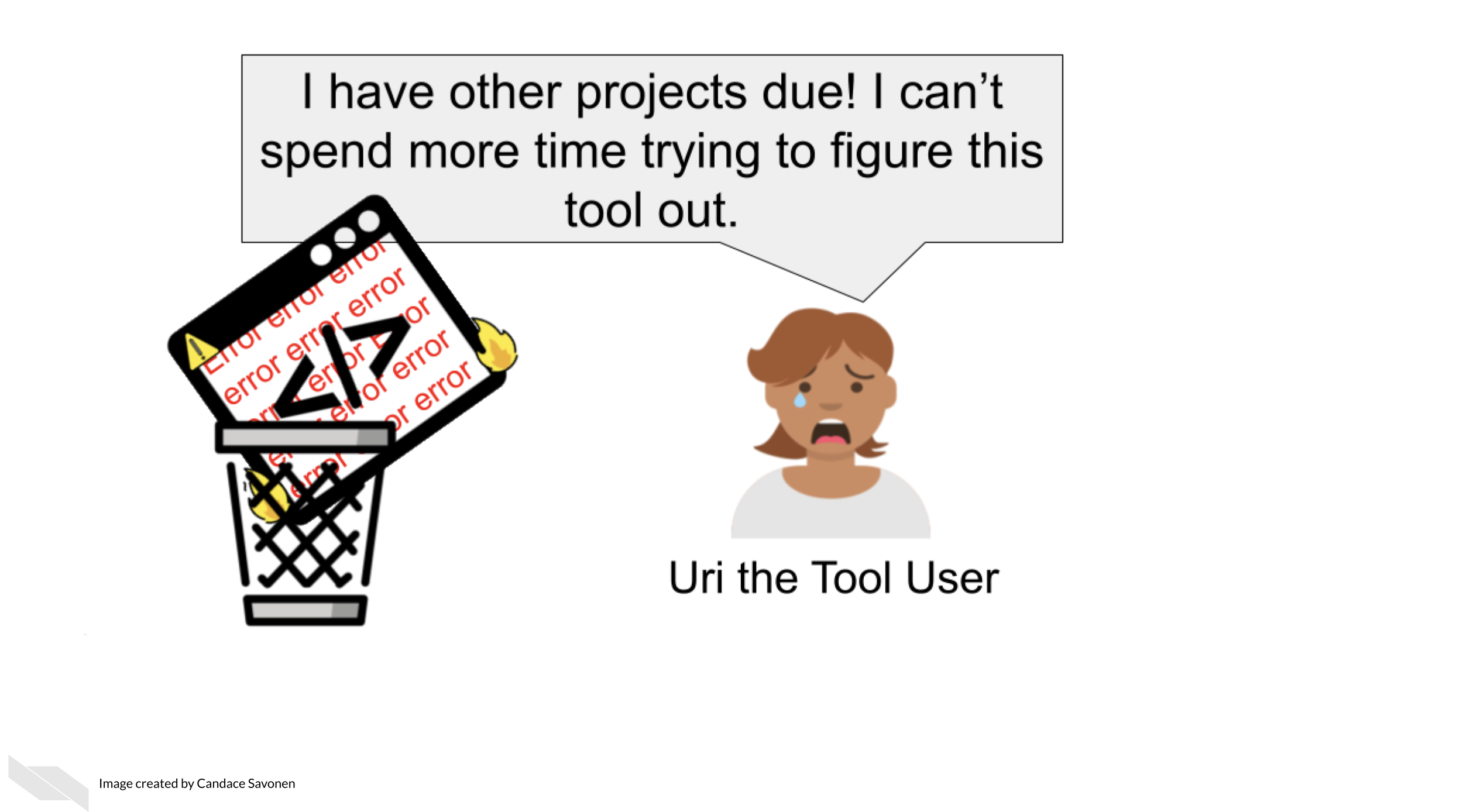 Uri the Tool User says I have other projects due! I can’t spend more time trying to figure this tool out. Tina’s awesome tool is still on fire with errors written all over it but has been thrown in a wastebasket by Uri the Tool User. There is no documentation to help Uri the Tool user figure out how to use Tina’s awesome tool. Uri the Tool User is even more distressed and has a tear in their eye from frustration. 