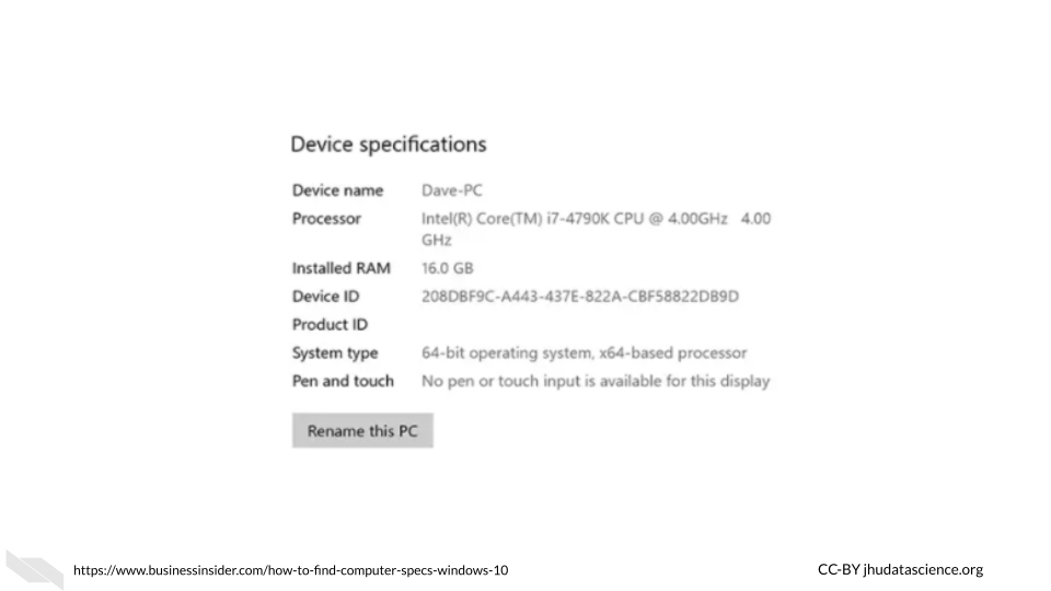  Example of a Windows/PC computer processor and memory information