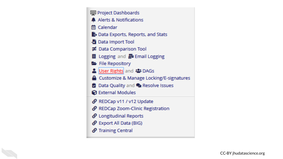 REDCap User Rights Menu