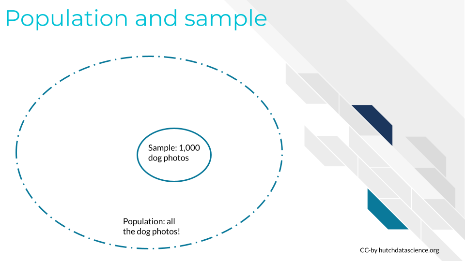 An image showing a larger circle indicating the population of all photos of all dogs in the world and a smaller circle within that circle depicting a sample of 1000 dog photos'.