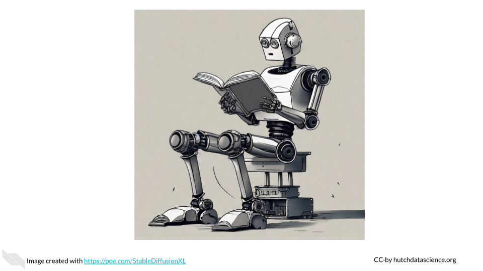 A cartoon of a robot reading'.