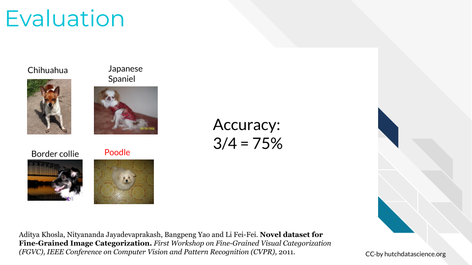 An image of possible testing data of photos of different dog breeds, including 4 of the images show in the training data and the accuracy value of 74%.