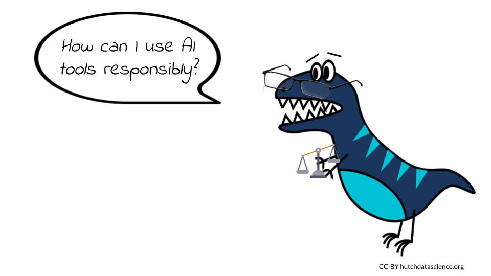 The dinosaur cartoon asks in a speech bubble 'How can I use AI tools responsibly'. The dinosaur is holding a scale.