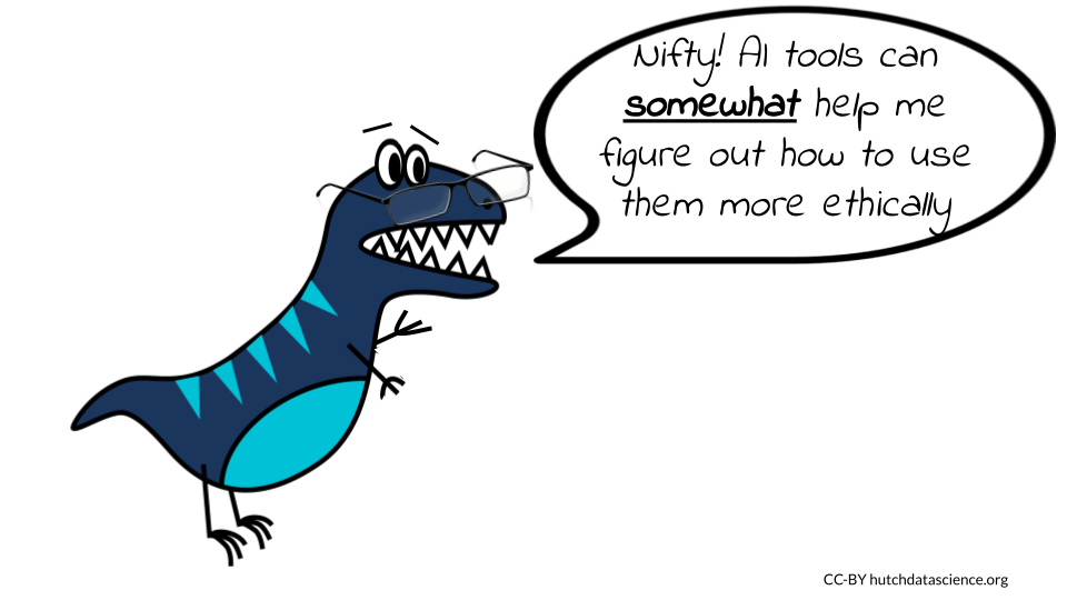 The dinosaur cartoon says in a speech bubble 'Nifty! AI tools can somewhat help me figure out how to use them more ethically'.