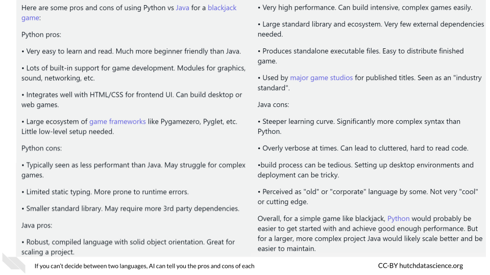 Claude-instant directly compares Python and Java as languages for the blackjack game, suggesting Python is best for a simple game and Java is better if you want to build a more complex game.