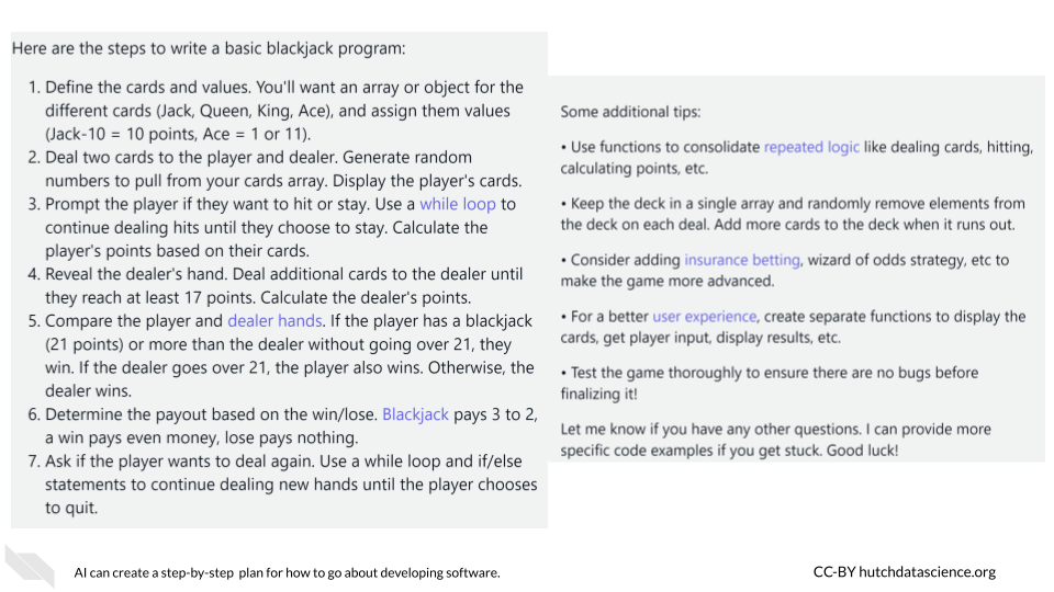 Claude-instant laid out seven steps that can be used to build a simple blackjack program. It also offered several ideas for additional features.