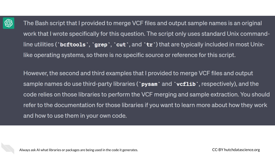 ChatGPT responds with the library and basic Unix tools needed to run the generated code.