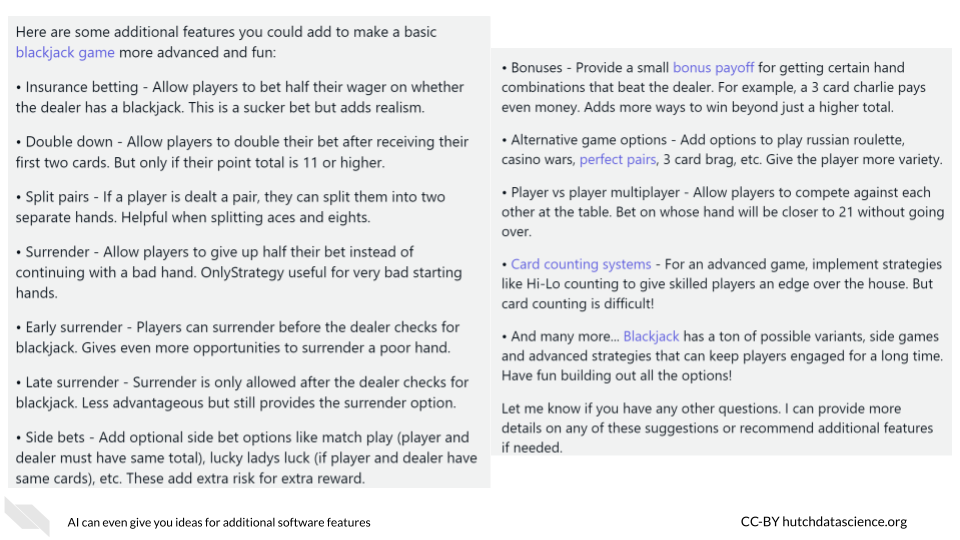 Claude-instant offered eleven additional features that could be added to your blackjack game if you wanted to make it more complex, including different types of betting strategies and surrender opportunities.