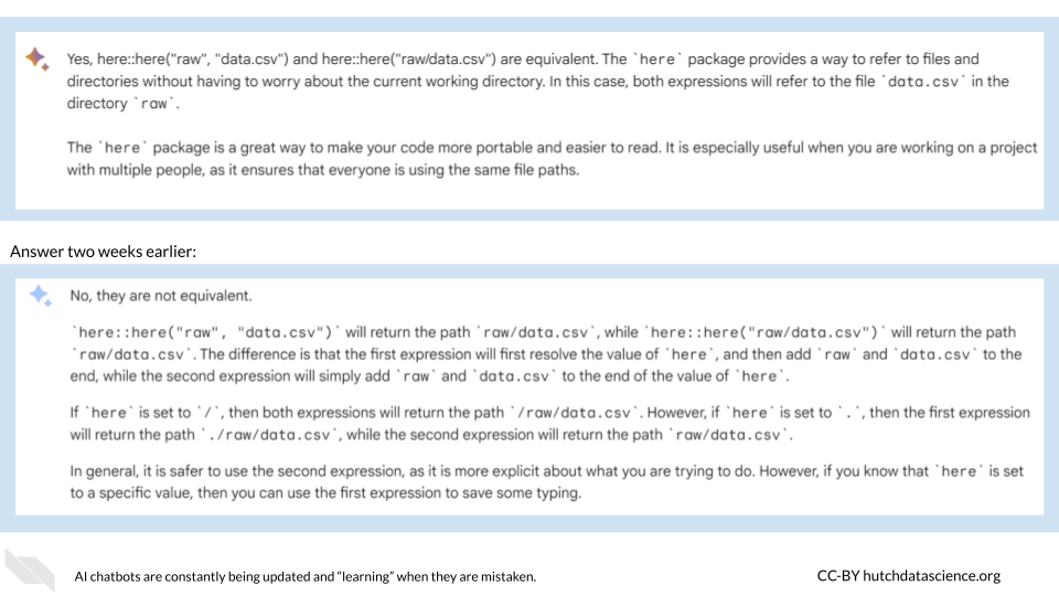 Bard offers two different answers about whether syntaxes are equivalent. The first answer was incorrect, but the answer two weeks later had changed and now had the correct information.