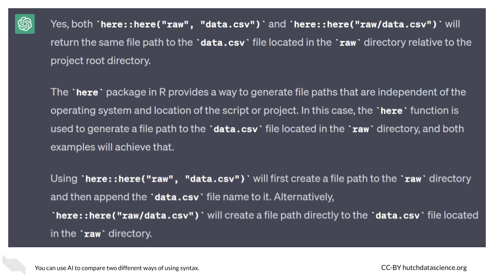 ChatGPT explains whether two ways of writing the same command in R are equivalent.