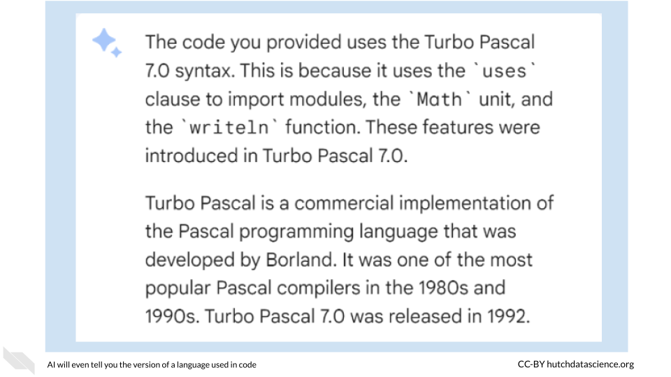 Bard explains the code uses Turbo Pascal 7.0 syntax, based on the 'uses' clause, the 'Math' unit, and the 'writeln' function. These features were introduced in Turbo Pascal 7.0
