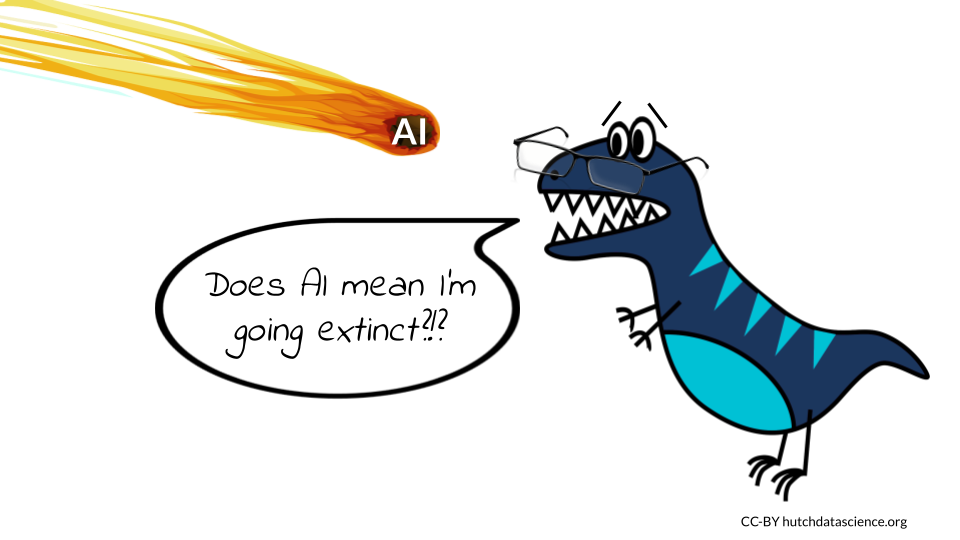 The dinosaur cartoon asks in a speech bubble 'Does AI mean I am going extinct?!?' as a meteor flies overhead.