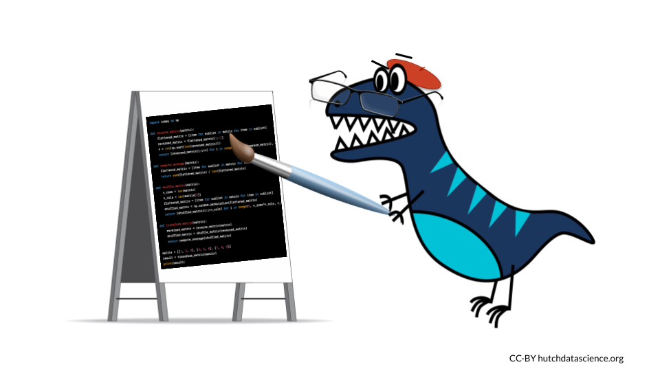 The dinosaur cartoon is wearing a beret and holding a paintbrush that is is using to paint code onto an easel.