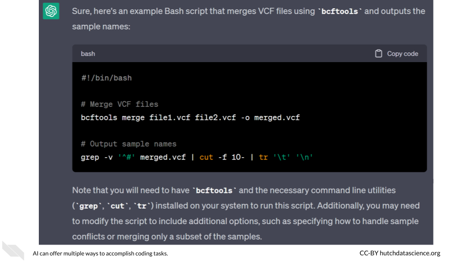 ChatGPT writes a program using bcftools that merges vcf files and outputs the sample names.