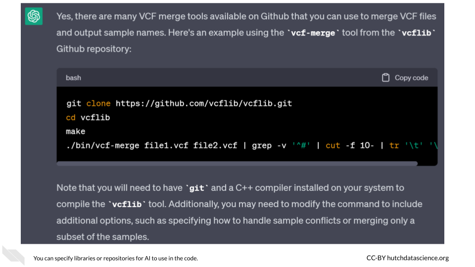 ChatGPT generates a script using the vcflib repo from GitHub.