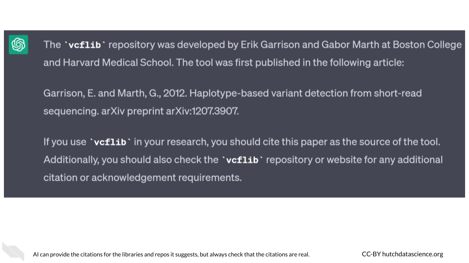 ChatGPT responds with the GitHub repository used in the code, as well as the creators and a possible citation.