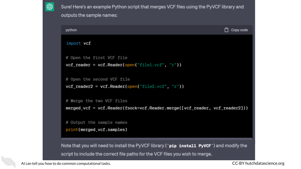 ChatGPT generates different code that allows you to merge vcf files and output the sample names.