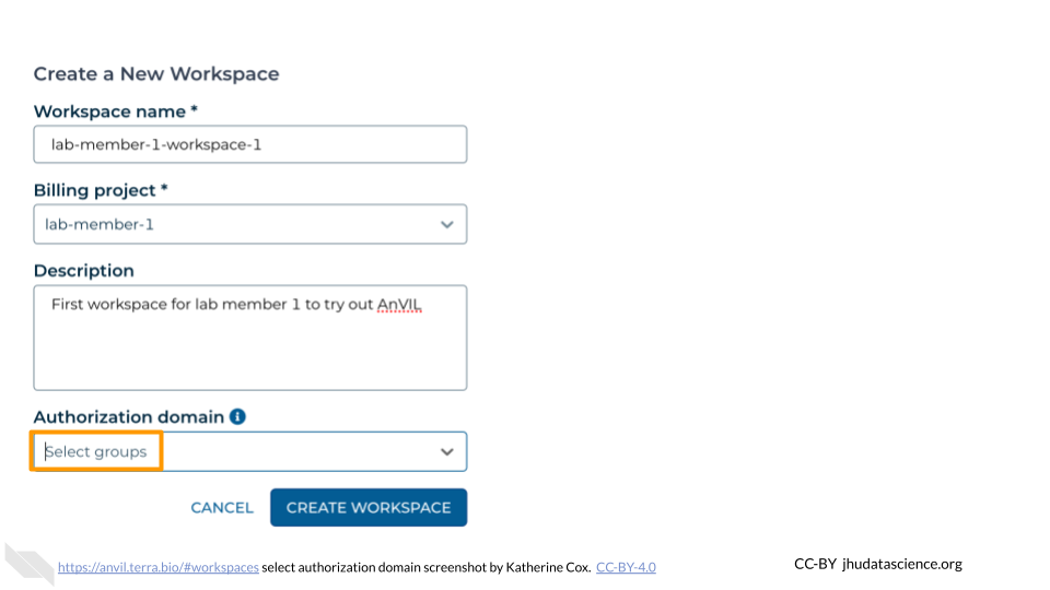 Screenshot of Terra dialog box for creating a new Workspace. The drop-down menu labeled "Authorization domain" is highlighted. Screenshot of Terra dialog box for creating a new Workspace. The drop-down menu labeled "Authorization domain" is highlighted.
