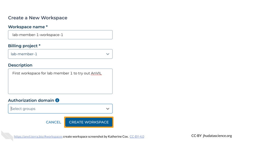 Screenshot of Terra dialog box for creating a new Workspace. The "Create Workspace" button is highlighted. Screenshot of Terra dialog box for creating a new Workspace. The "Create Workspace" button is highlighted.