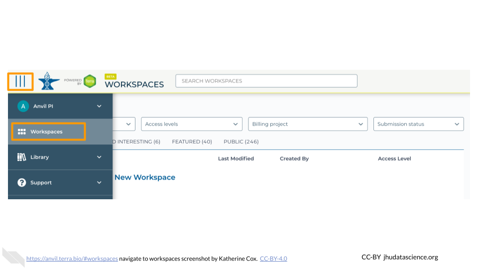 Screenshot of Terra drop-down menu. The "hamburger" button to extend the drop-down menu is highlighted, and the menu item "Workspaces" is highlighted. Screenshot of Terra drop-down menu. The "hamburger" button to extend the drop-down menu is highlighted, and the menu item "Workspaces" is highlighted.
