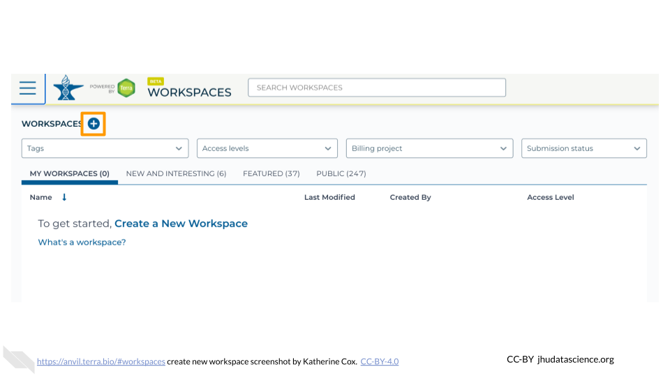 Screenshot of Terra Workspaces page. The "+" is highlighted. Screenshot of Terra Workspaces page. The "+" is highlighted.