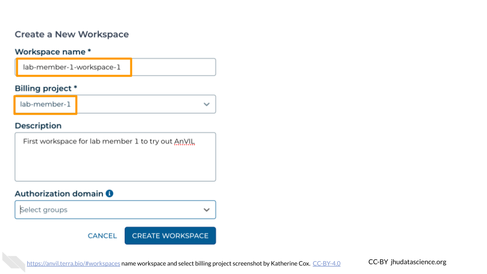 Screenshot of Terra dialog box for creating a new Workspace. The text box labeled "Workspace name" and the drop-down menu labeled "Billing project" are highlighted. Screenshot of Terra dialog box for creating a new Workspace. The text box labeled "Workspace name" and the drop-down menu labeled "Billing project" are highlighted.