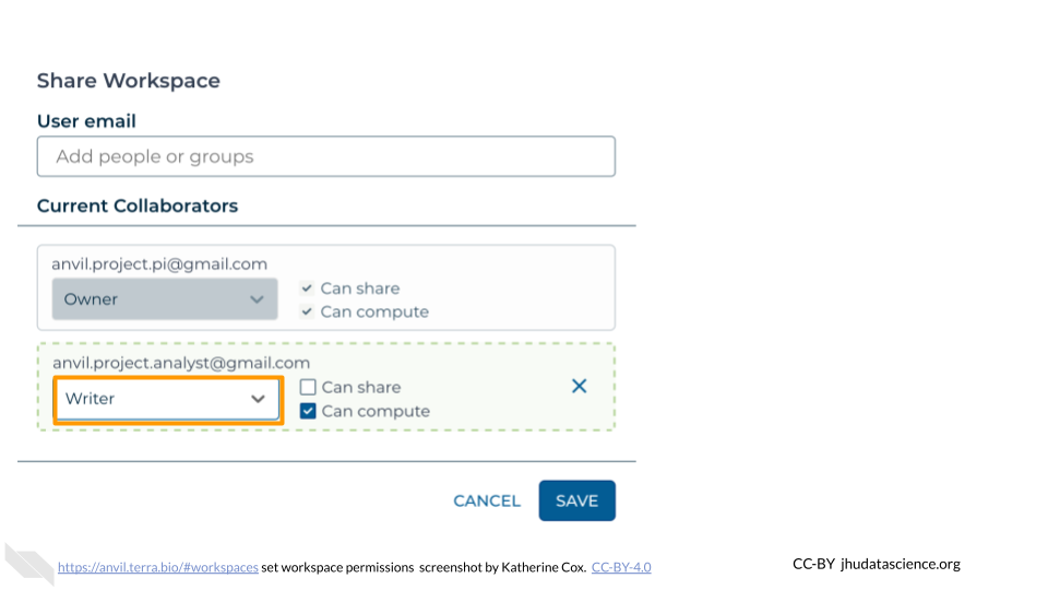 Screenshot of the dialog box for sharing a Terra Workspace.  The drop-down menu labeled with the email of the user you are sharing with is highlighted and the menu item "Writer" is selected.
