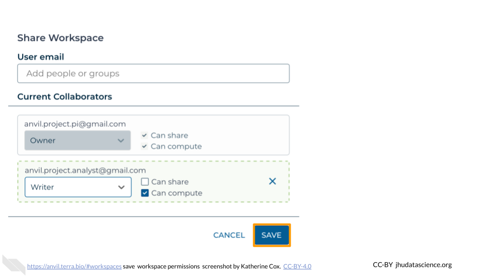 Screenshot of the dialog box for sharing a Terra Workspace.  The "Save" button is highlighted.