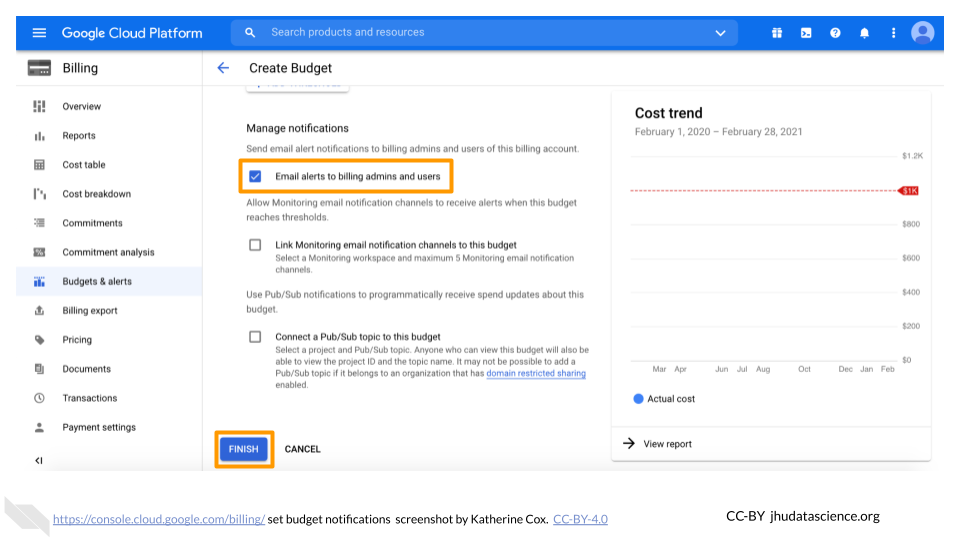 Screenshot of the form for setting budget alerts for a Google Cloud Billing Account. The checkbox labeled "Email alerts to billing admins and users" is highligheted and checked. The "Finish" button is highlighted. Screenshot of the form for setting budget alerts for a Google Cloud Billing Account. The checkbox labeled "Email alerts to billing admins and users" is highligheted and checked. The "Finish" button is highlighted.