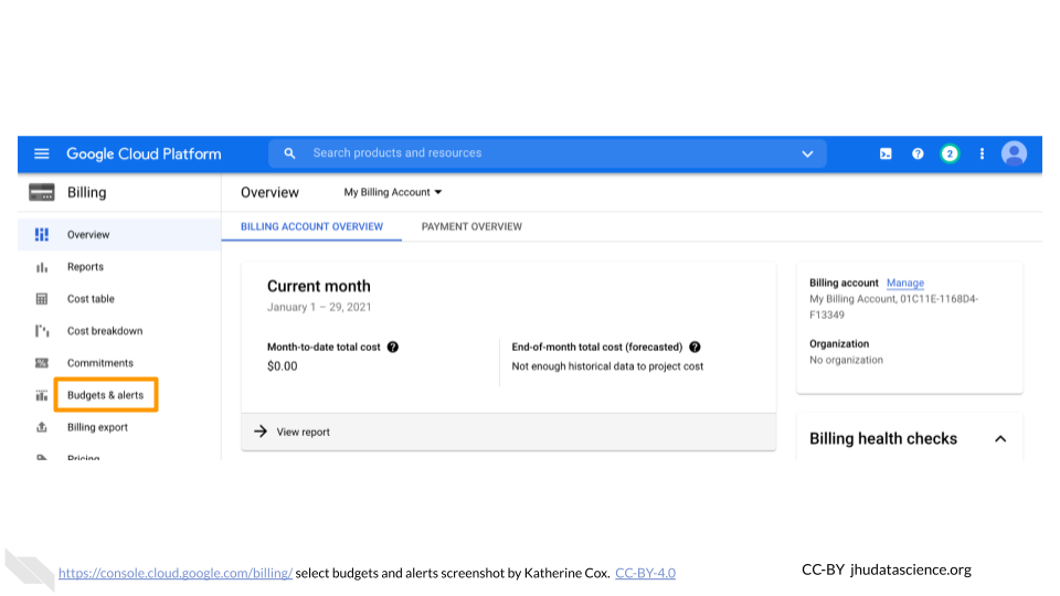 Screenshot of an individual Google Cloud Billing Account with the left-hand menu item "Budgets & alerts" highlighted. Screenshot of an individual Google Cloud Billing Account with the left-hand menu item "Budgets & alerts" highlighted.